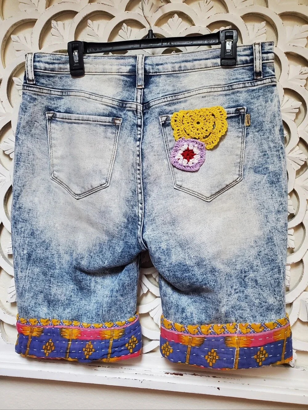 Vibrant Upcycled Kantha Hem Jean Shorts Size 15 Stretch Denim